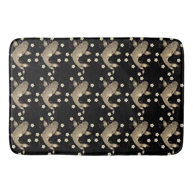Tapis De Bain Koi poisson oriental noir et or floral élégant (Devant)