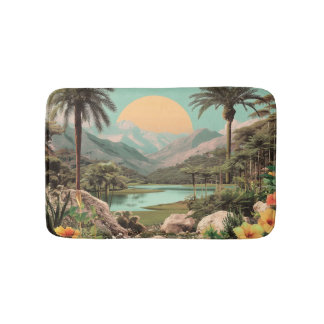 Tapis De Bain Lac Tropical Surreal Avec Palmiers