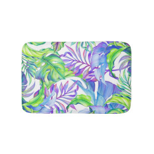 Tapis De Bain Lavande vert-bleu de feuillage de rose tropical de