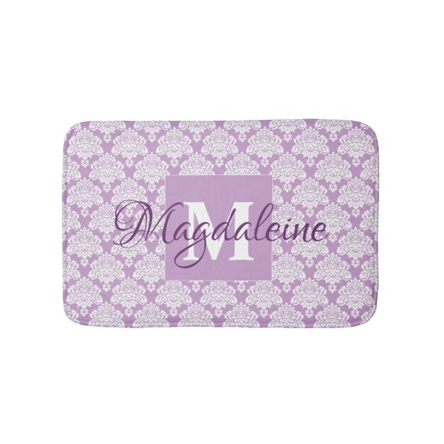Tapis De Bain Lavande violet blanc dentelle Nom et monogramme (Devant)
