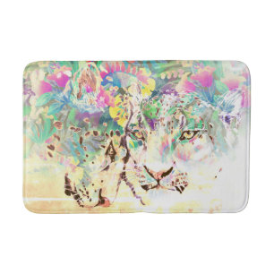 Tapis De Bain Léopard des neiges fleurs tropicales animal hawaïe