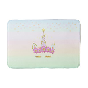 Tapis De Bain Licorne dorée, fleurs et étoiles sur couleurs past