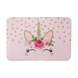 Tapis De Bain Licorne tendance paillets dorés et fleurs roses