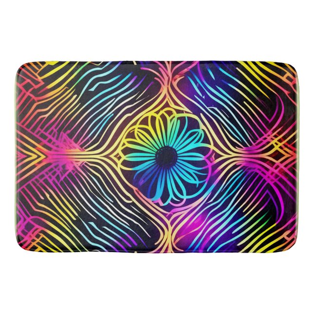 Tapis De Bain Lignes de néon psychédélique avec art floral (Devant)