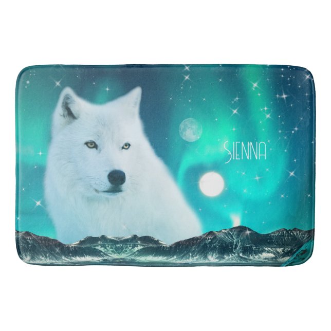 Tapis De Bain Loup arctique et nuit magique avec aurores boréale (Devant)