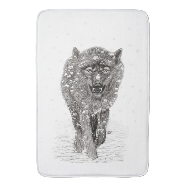 Tapis De Bain Loup noir en colère dans la neige, hiver sauvage (devant Vertical)