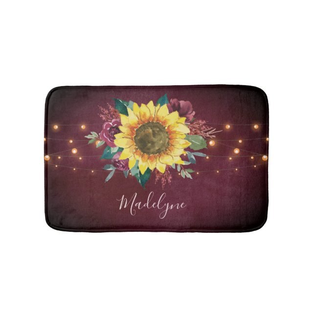 Tapis De Bain Lumières de tournesol Bourgogne Monogramme floral (Devant)