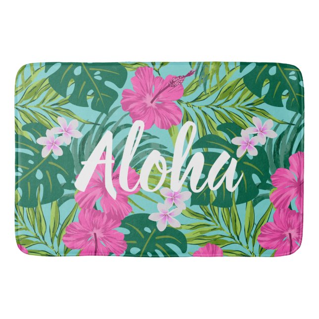 Tapis De Bain Luna Hibiscus Garden Hawaiian - Rose et Turq (Devant)