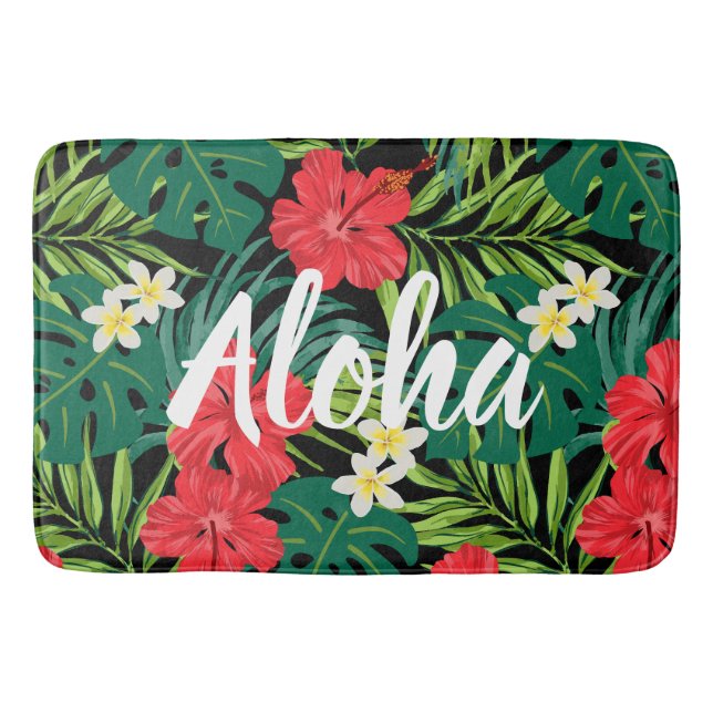 Tapis De Bain Luna Hibiscus Garden Hawaiian - Rouge et Noir (Devant)