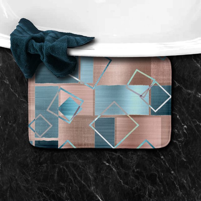 Tapis De Bain Luxe Abstrait | Blush Rose Gold et Turquoise Géomé (Créateur téléchargé)
