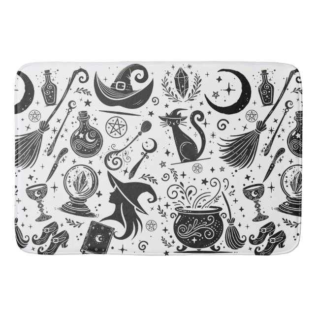 Tapis De Bain Magique Sorcière Whimsical Wiccan Pagan noir & bla (Devant)