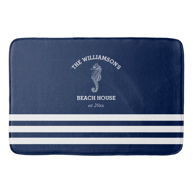 Tapis De Bain Maison de plage Marine et White Stripe | Seahorse (Devant)