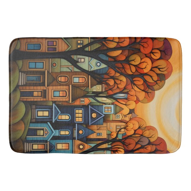Tapis De Bain Maisons colorées et arbres à l'automne (Devant)