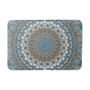Tapis De Bain Mandala Bleu et Brun Motif Géométrique Intricé