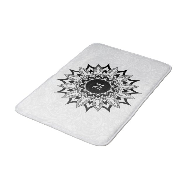 Tapis De Bain Mandala noir sur un paisley blanc (Angle)
