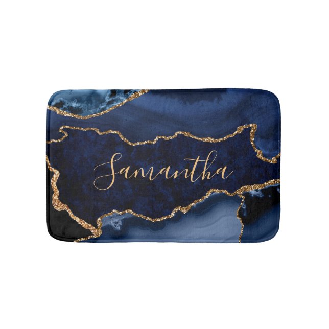 Tapis De Bain Marbre Agate Bleu Nuit et Paillettes de Faux Or (Devant)