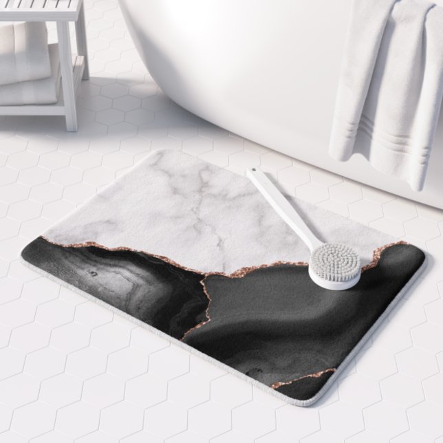 Tapis De Bain Marbre blanc Agate noire Paillettes d'or rose (Créateur téléchargé)