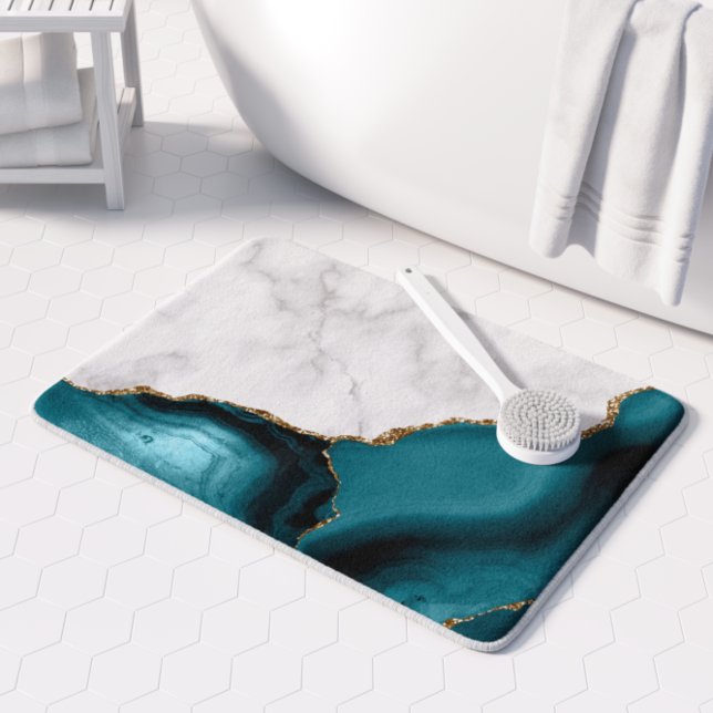 Tapis De Bain Marbre blanc doré Turquoise Bleu Agate (Créateur téléchargé)