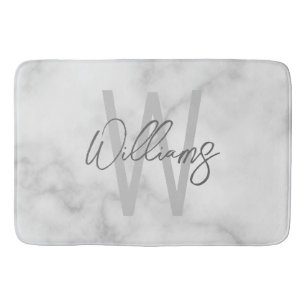 Tapis De Bain Marbre blanc Script Monogramme personnalisé et nom
