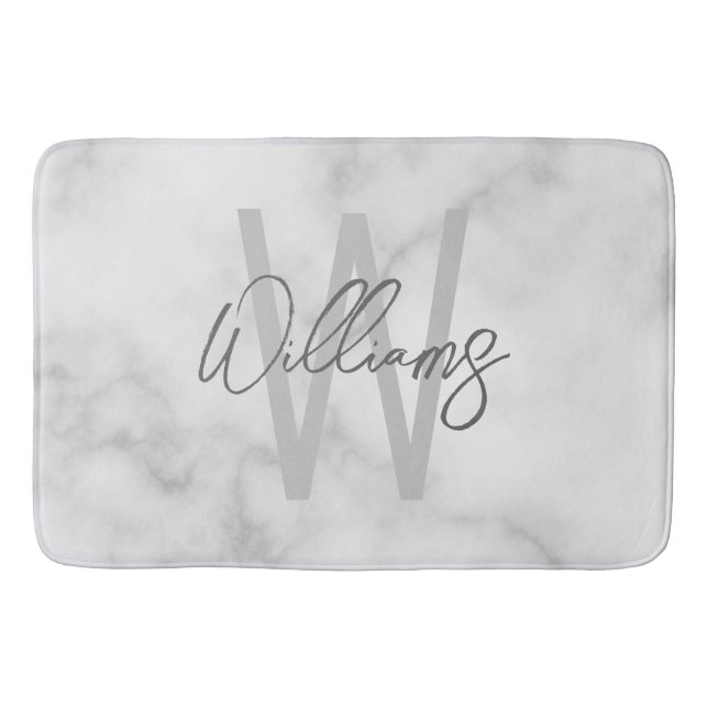 Tapis De Bain Marbre blanc Script Monogramme personnalisé et nom (Devant)