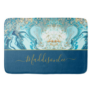 Tapis De Bain Marbre bleu or moderne Ocean Aquarelle Nom