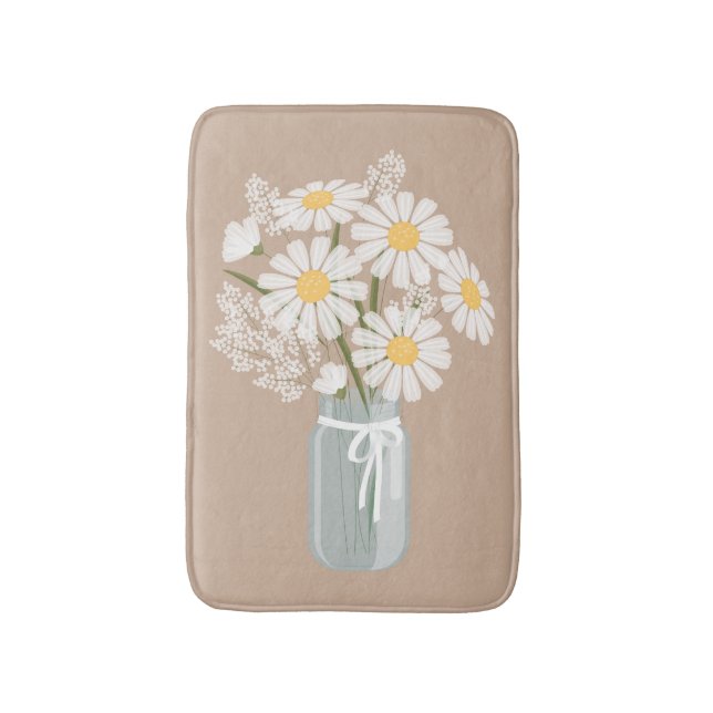 Tapis De Bain Marguerites blanches Mason Jar sur beige (Devant (Vertical))