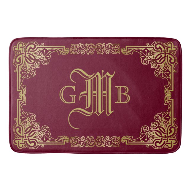 Tapis De Bain Mariage Monogram Classic Gold Frame Bourgogne (Devant)