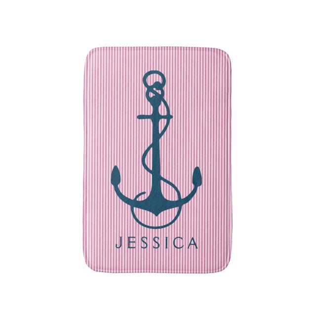 Tapis De Bain Marine Ancre nautique bleu et rayures roses (Devant (Vertical))