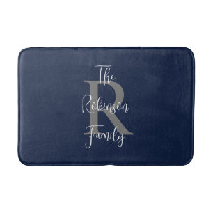 Tapis De Bain Marine Bleu Blanc Nom de famille Classic Monogramm