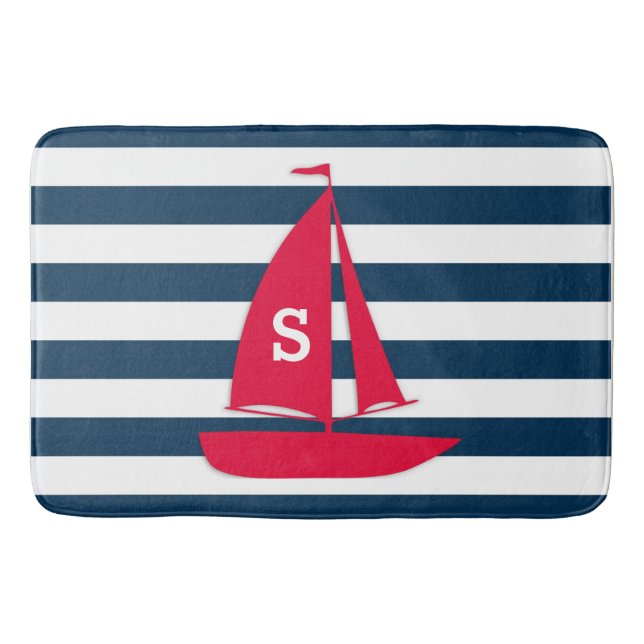Tapis De Bain Marine Bleu Blanc rayé Monogramme Rouge Bateau Nau (Devant)