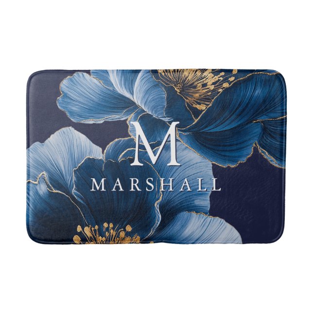 Tapis De Bain Marine Blue Gold Moderne Floral Monogramme Nom de  (Devant)