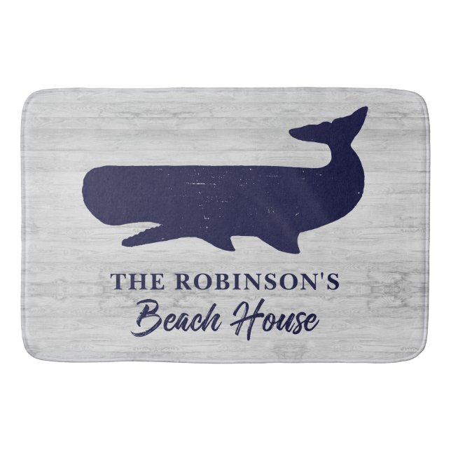 Tapis De Bain Marine Nautique Bleu Blanc Nom de famille Baleine  (Devant)