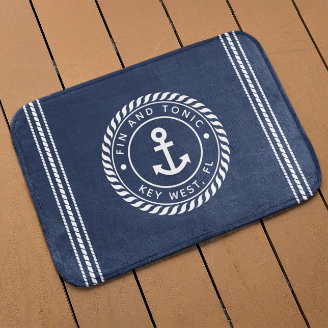 Tapis De Bain Marine nautique et Ancre blanche | Votre nom de ba (Créateur téléchargé)