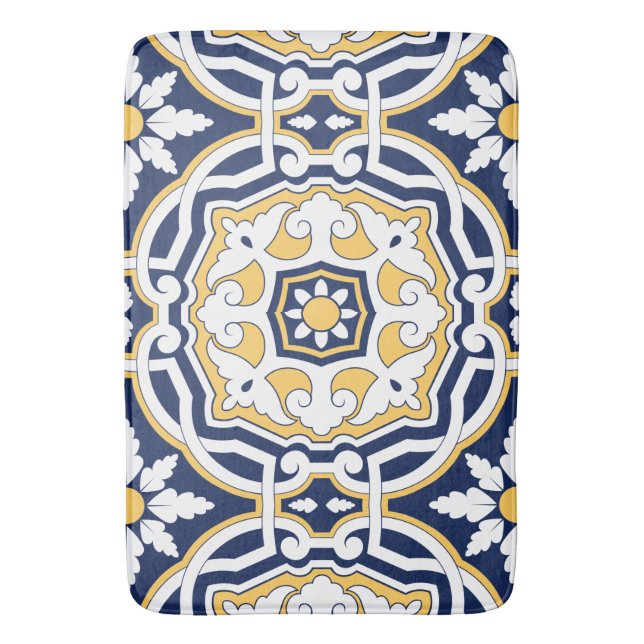 Tapis De Bain Marocain bleu vif jaune complexe géométrique (devant Vertical)