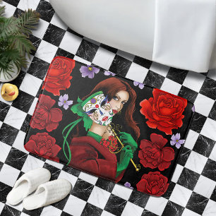 Tapis De Bain Masque Vénitien Femme Élégante Rouge Vert