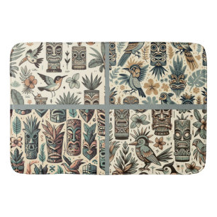 Tapis De Bain Masques Tiki tropicaux vintages et oiseaux gris ve