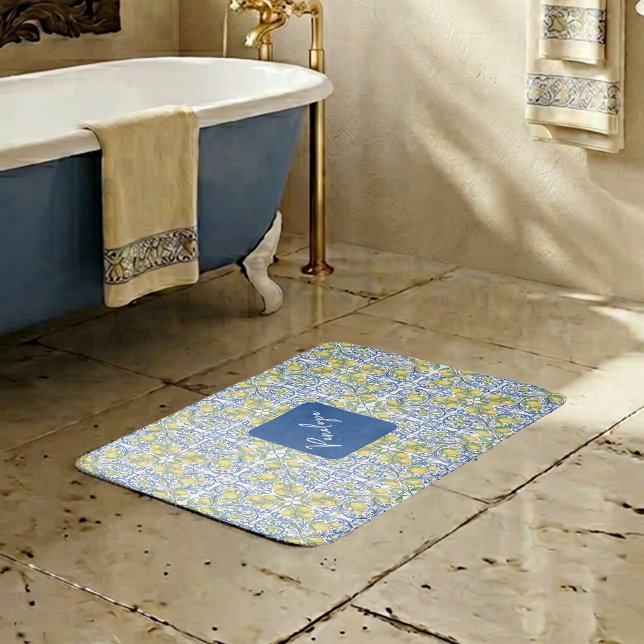 Tapis De Bain Mediterranean Blue & Yellow Lemon Tile Pattern (Mediterranean Blue & Yellow Lemon Tile Pattern Bath Mat)