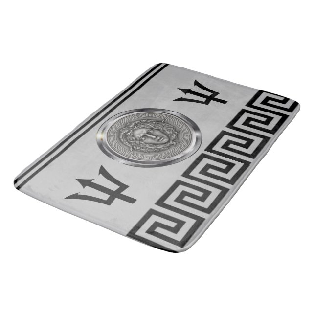 Tapis De Bain Medusa Argent, Clé Grecque, Gris Trident (Angle)