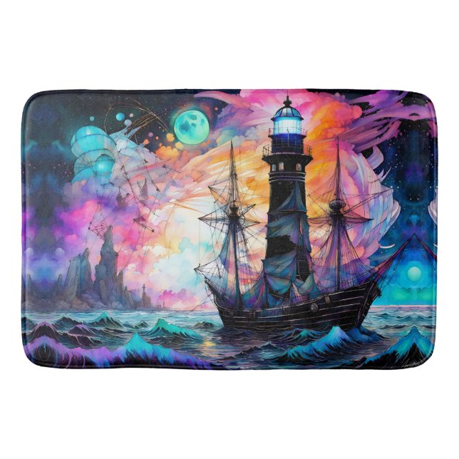 Tapis De Bain Mer orageuse, phare de bateau Lune Abstrait (Devant)