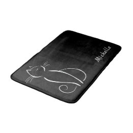 Tapis De Bain Minimaliste Chat Blanc Sur Noir Ajouter Nom