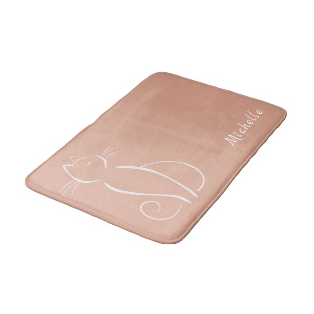 Tapis De Bain Minimaliste Chat Blanc Sur Rose Ajouter Nom (Angle)