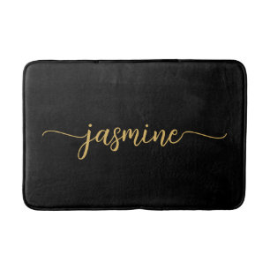 Tapis De Bain Minimaliste Script Nom Monogramme Féminin Or Noir