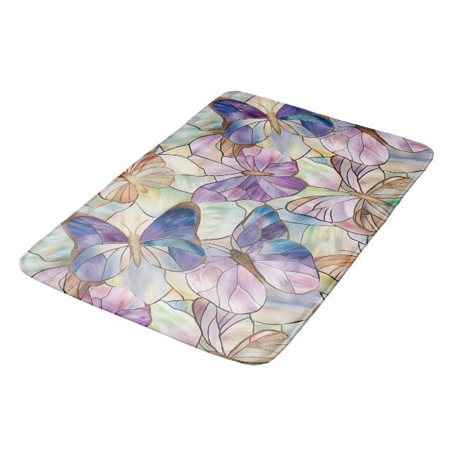 Tapis De Bain Mint Aqua Bleu Papillons pourpres (Angle)
