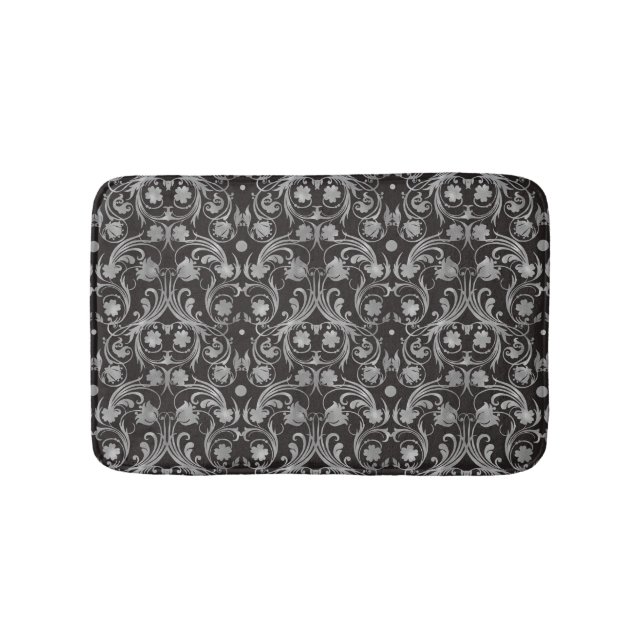 Tapis De Bain Modèle classique noir et gris Damas (Devant)