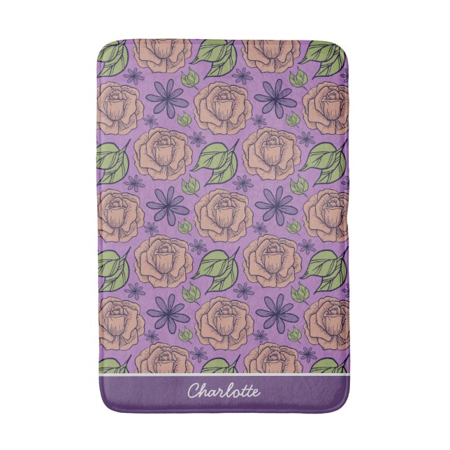Tapis De Bain Modèle fleuri violet grande fleur avec nom (Devant (Vertical))