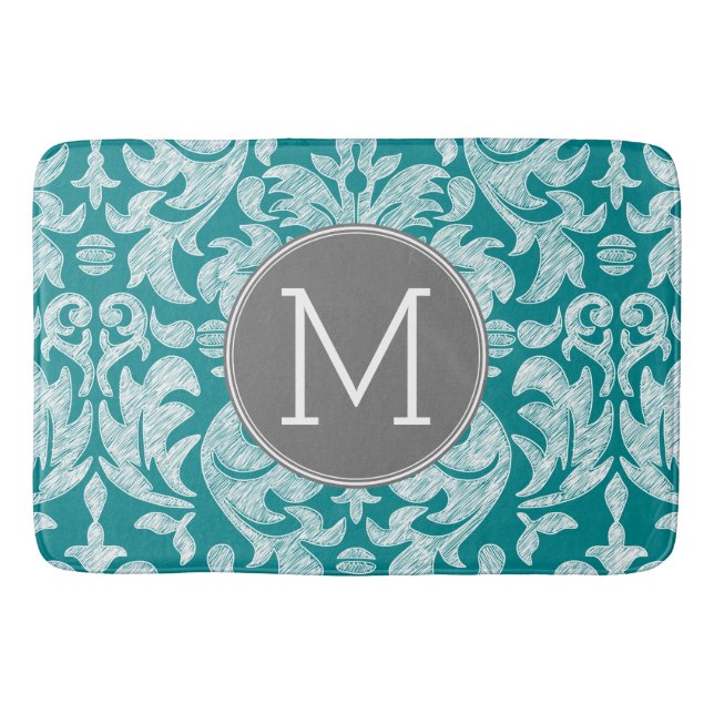 Tapis De Bain Modèle gris chic et Damas Turquoise Monogramme per (Devant)