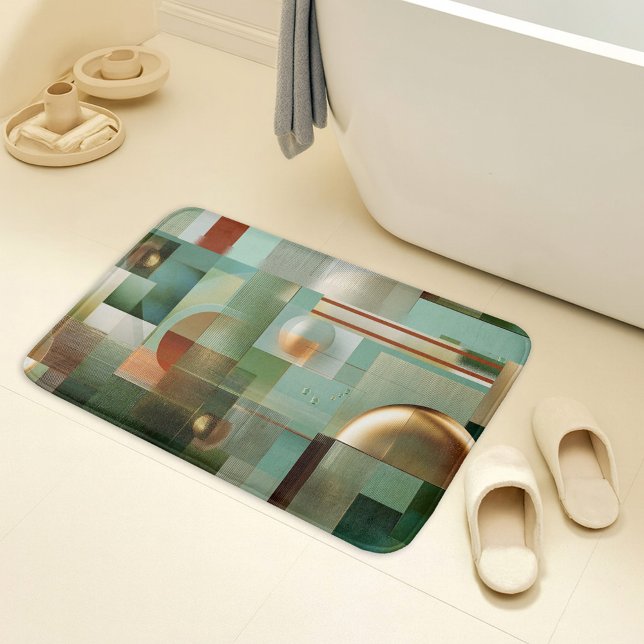 Tapis De Bain Modern Abstract Bauhaus Green Gold Pattern (Bath mat featuring a modern abstract design inspired by the Bauhaus style in green and gold)