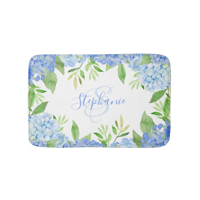 Tapis De Bain Moderne Floral bleu Hydrangée Aquarelle Monogramme (Devant)