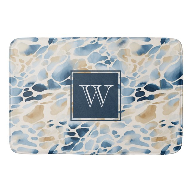 Tapis De Bain Monogram Beach Blue et Tan Wave Motif Mat (Devant)