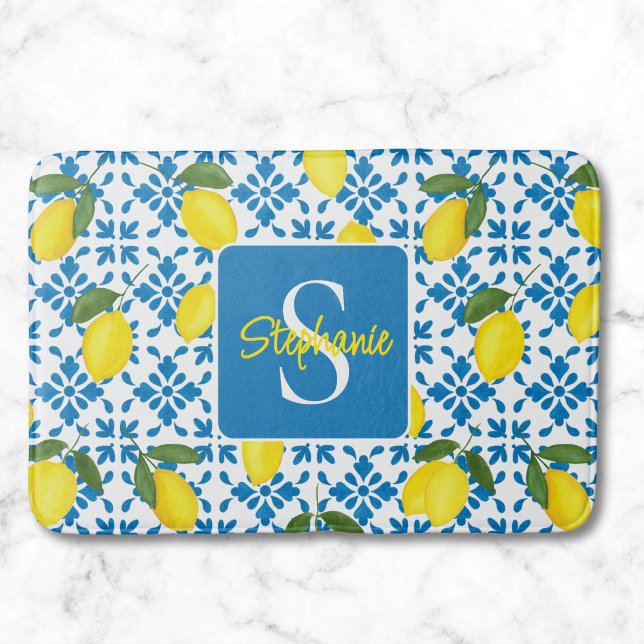 Tapis De Bain Monogram Name Blue French Tile Lemon Pattern  (Créateur téléchargé)